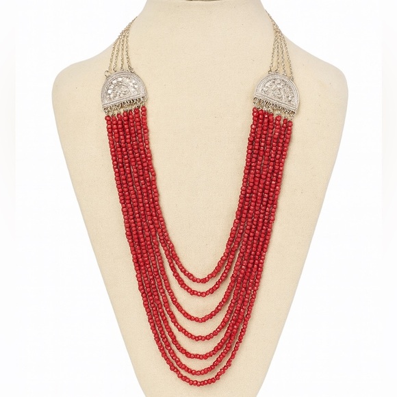 Red layered beads Statement Beaded draped necklace Boho NWT - Picture 1 of 3